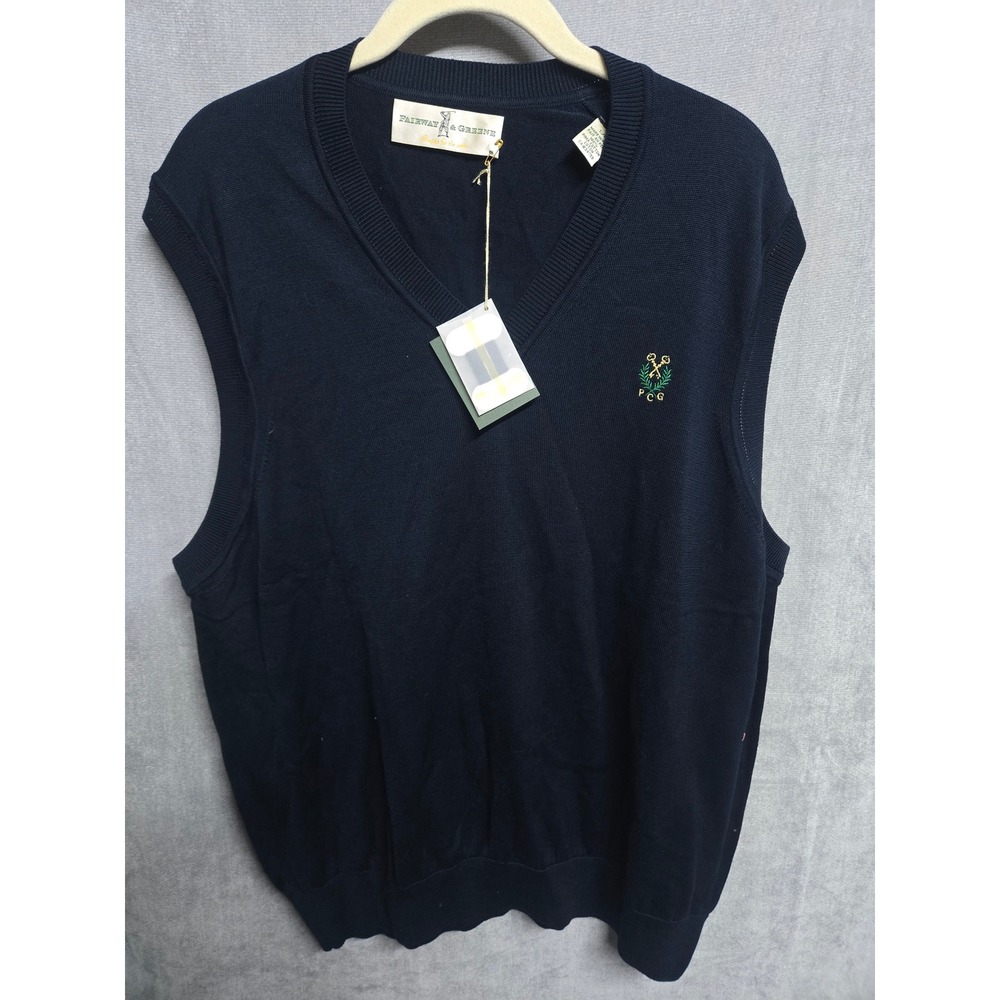 Fairway & Greene Mens Navy Blue Pima Cotton V-Neck Sweater Vest PCG Logo NWT L
